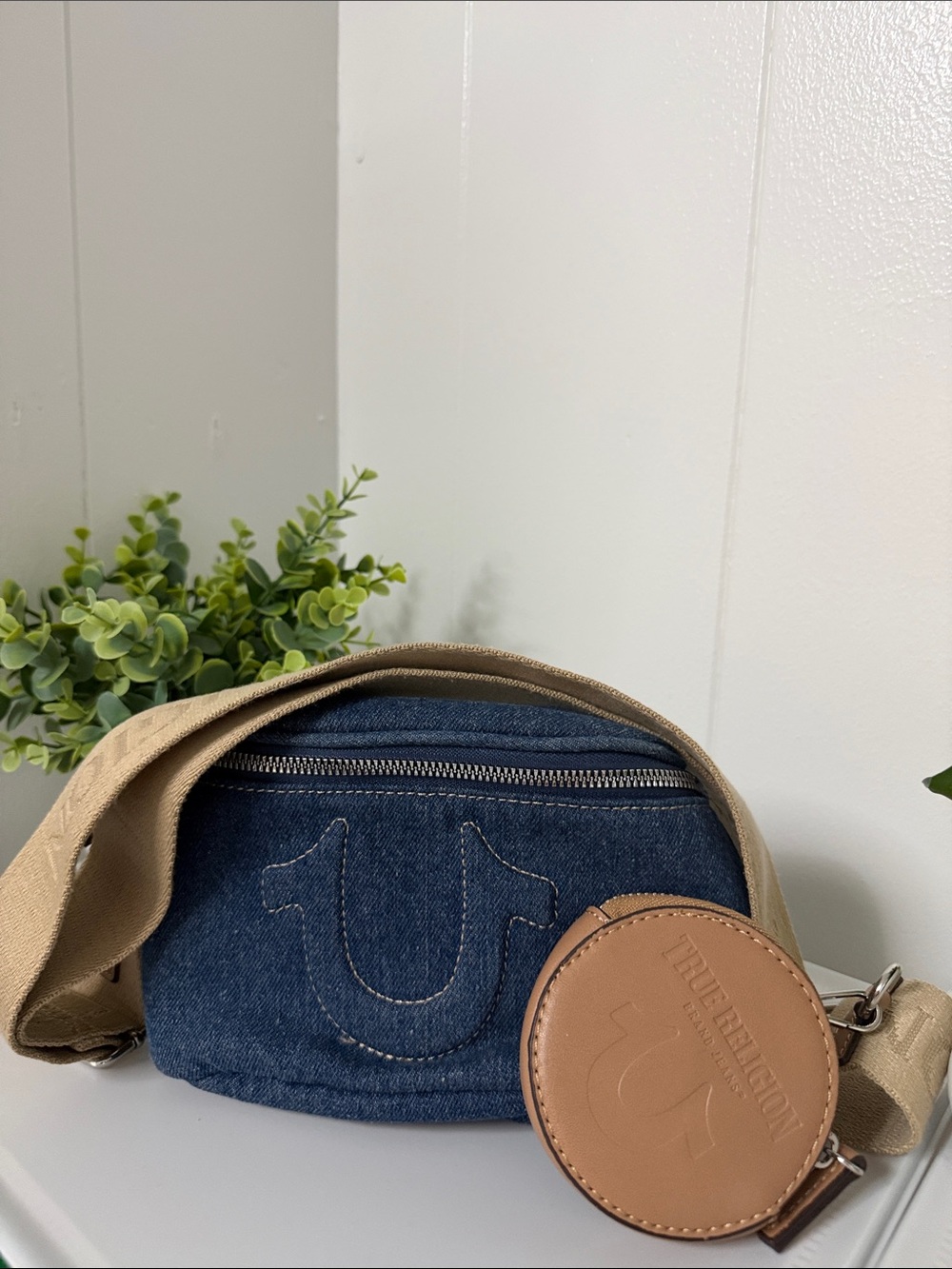 True Religion Denim Crossbody Bag with Tan Leather Coin Pouch and Beige Strap